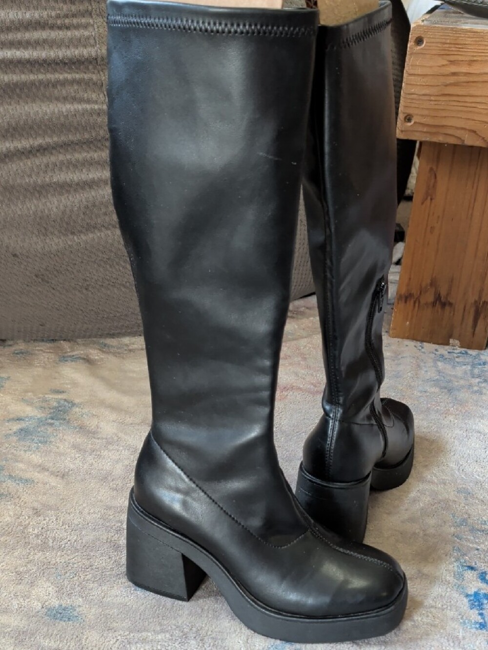 Faux Leather Black Knee High Platform Block Heel Boots Women 6.5 US